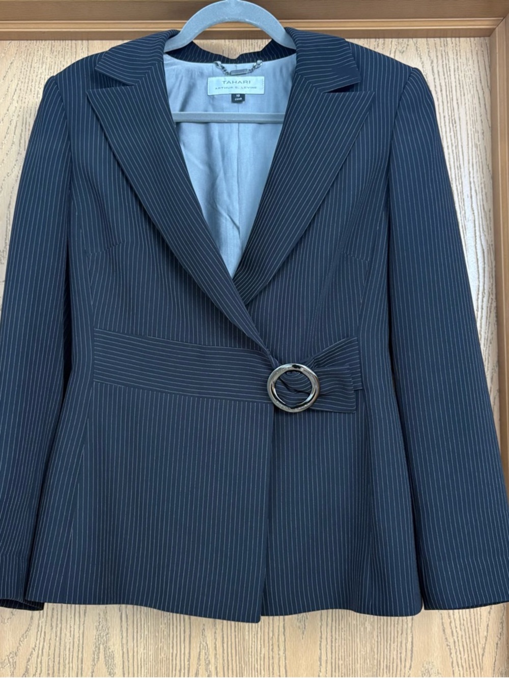 Tahari Black Pinstripe Blazer with Ring Belt